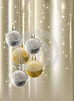 Silver and golden baubles on silver graded christmas background