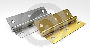 Silver and golden door hinges. 3D Illustration.