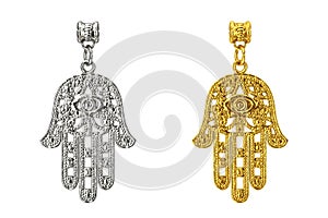 Silver and Golden Hamsa, Hand of Fatima Amulet Coulomb. 3d Rendering photo