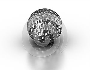 Silver golf ball on reflective white background