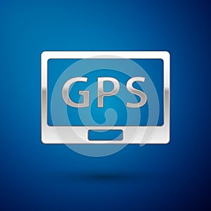 Silver Gps device with map icon isolated on blue background. Vector