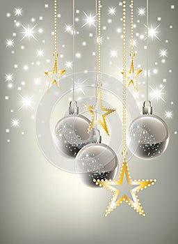 Silver graded Christmas background with golden stars and silver baubles