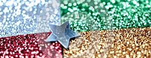 Silver, green, red and gold Glitter background. Holiday, Christmas, Valentines, Beauty and Nails abstract texture with the star