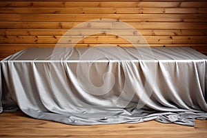 silver grey satin fabric draped casually over wooden bar