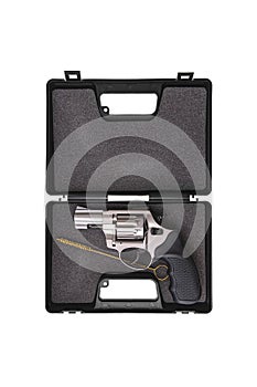 Silver gun revolver isolate on white background. Weapons for sports and self-defense