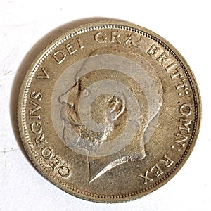 Silver Half Crown Coin Close Up on White Bckground