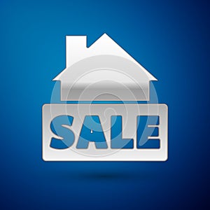 Silver Hanging sign with text Sale icon isolated on blue background. Signboard with text Sale. Vector