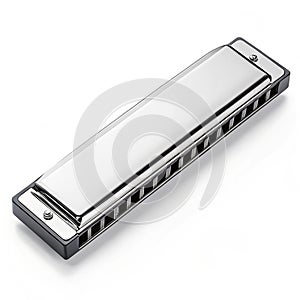 Silver harmonica on white background