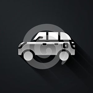 Silver Hatchback car icon isolated on black background. Long shadow style. Vector