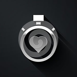 Silver Heart in the center stopwatch icon isolated on black background. Valentines day. Long shadow style. Vector