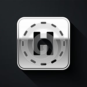 Silver Helicopter landing pad icon isolated on black background. Helipad, area, platform, H letter. Long shadow style. Vector