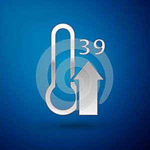 Silver High human body temperature or get fever icon isolated on blue background. Disease, cold, flu symptom. Vector.