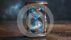 A silver hourglass with two blue spheres inside by AI generated image