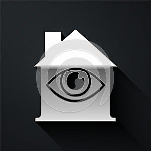 Silver House with eye scan icon isolated on black background. Scanning eye. Security check symbol. Cyber eye sign. Long