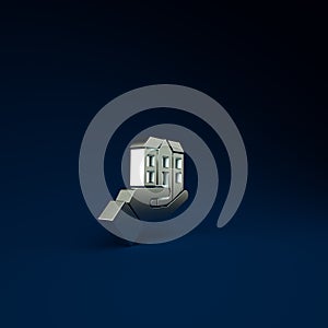 Silver House in hand icon isolated on blue background. Insurance concept. Security, safety, protection, protect concept