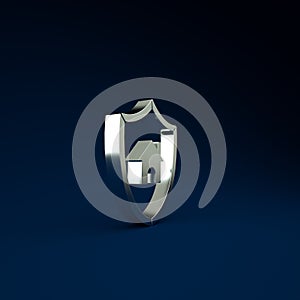 Silver House with shield icon isolated on blue background. Insurance concept. Security, safety, protection, protect