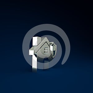 Silver House with shield icon isolated on blue background. Insurance concept. Security, safety, protection, protect