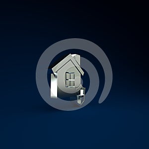 Silver House with shield icon isolated on blue background. Insurance concept. Security, safety, protection, protect
