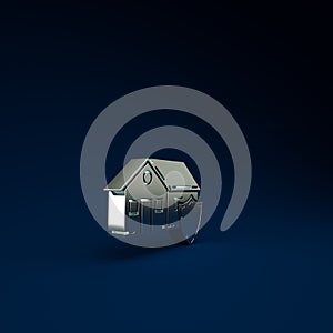 Silver House under protection icon isolated on blue background. Protection, safety, security, protect, defense concept