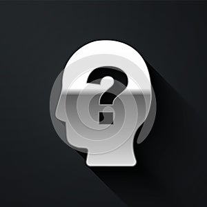 Silver Human head with question mark icon isolated on black background. Long shadow style. Vector