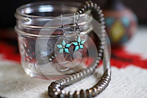 Silver Indian jewelry with turquoise, earring and necklace