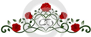 Silver interwined wedding rings and red roses decoration