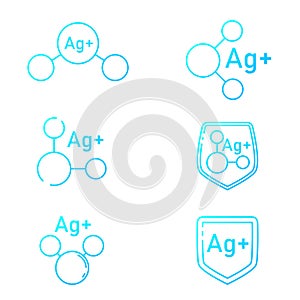 Silver ions antibacterial protection icon shield. Silver ions acting icon. Antibacterial properties of Ag+ molecules. Argentum