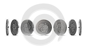 Silver IOTA coin shown from seven angles isolated on white background. Easy to cut out and use particular coin angle. photo