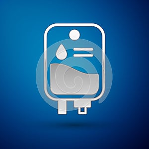 Silver IV bag icon isolated on blue background. Blood bag. Donate blood concept. The concept of treatment and therapy