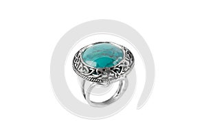 Silver jewelry ring with chrysocolla isolated on white background.