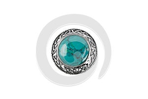 Silver jewelry ring with chrysocolla isolated on white background.