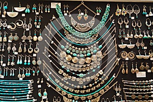 Silver jewelry with turquoise in the market