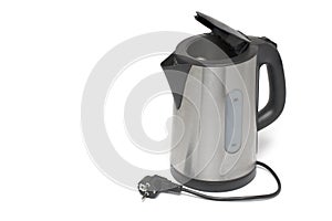 silver kettle opened lid heating white background