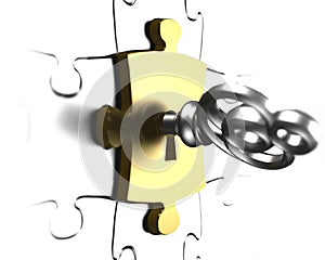Silver key with gold puzzle piece 3D rendering