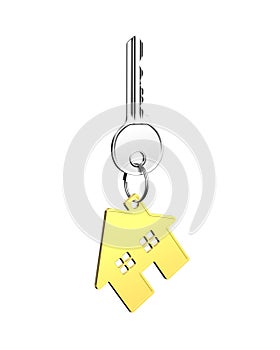 Silver key with house shape key ring