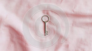 A silver key on a pink fabric.