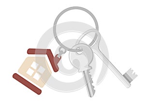 Silver key on ring with keychain house keys flat vector illustration on white background