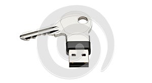 Silver key shaped usb flash drive on white background