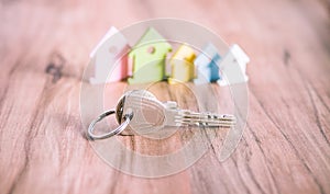 Silver Keychain laying on wooden Surface in front of miniature symbol of various coloured houses