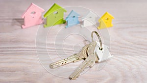 Silver Keychain laying on wooden Surface in front of miniature symbol of various coloured houses staying in line