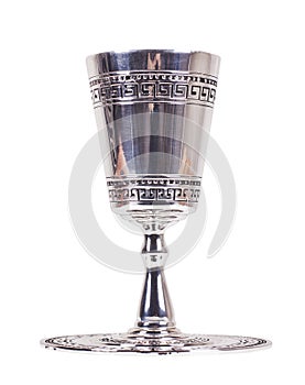 Silver kiddush wine cup and saucer on white background