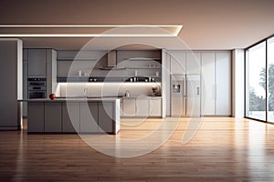 Silver kitchen. Natural wooden floor. Modern kitchen interior. Design of kitchen. Pastel wall. Modern kitchen furniture