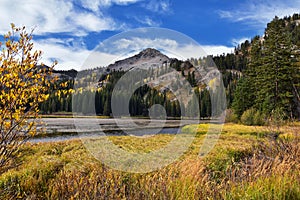 Silver Lake by Solitude and Brighton Ski resort in Big Cottonwood Canyon. Panoramic Views from the hiking and boardwalk trails of