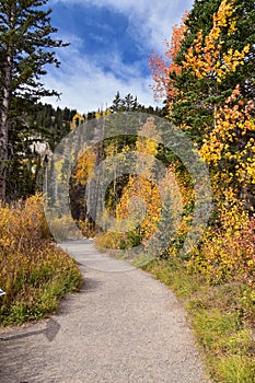 Silver Lake by Solitude and Brighton Ski resort in Big Cottonwood Canyon. Panoramic Views from the hiking and boardwalk trails of