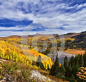 Silver Lake by Solitude and Brighton Ski resort in Big Cottonwood Canyon. Panoramic Views from the hiking and boardwalk trails of