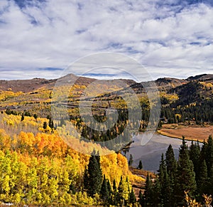 Silver Lake by Solitude and Brighton Ski resort in Big Cottonwood Canyon. Panoramic Views from the hiking and boardwalk trails of