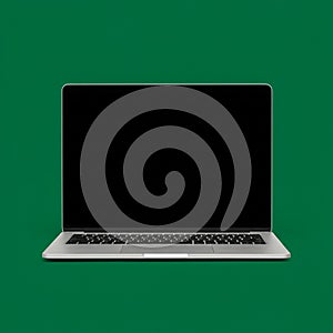 A silver laptop with a black screen is centered against a solid green background. The