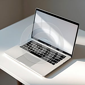 Silver Laptop with Blank Screen on White Table with Sunlight Shadows computer notebook