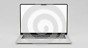 Silver Laptop Computer Open with Blank White Screen on a Light Gray Background technology