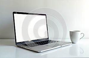 Silver laptop with empty white screen sits on white table. Simple modern tech device. Blank display. Modern tech workspace.